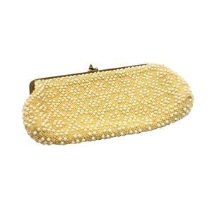 Vintage St. Thomas Corde Beaded Clutch Purse Ivory Gold Metal Accents Kiss Lock